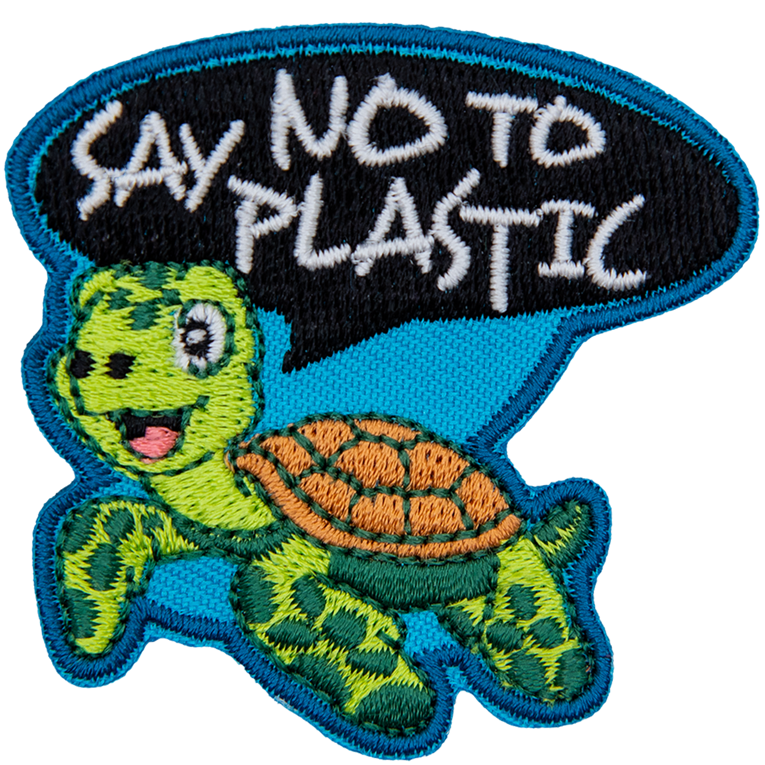 A turtle happily swims as it says Say No To Plastic in a speech bubble above his head.