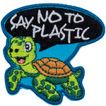 A turtle happily swims as it says Say No To Plastic in a speech bubble above his head.