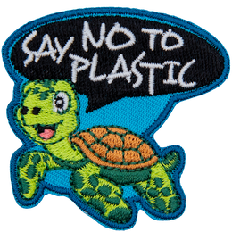 A turtle happily swims as it says Say No To Plastic in a speech bubble above his head.