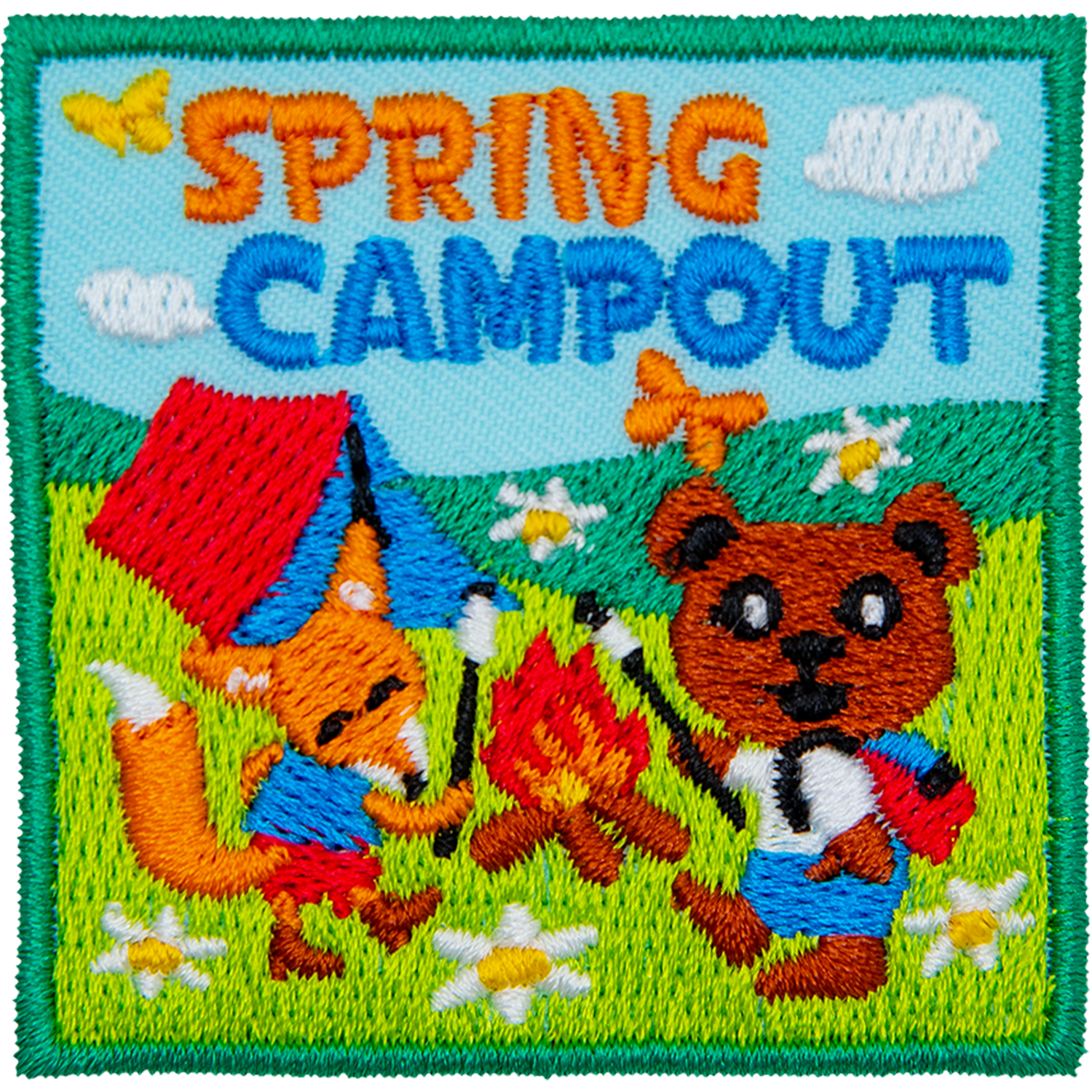 An anthropomorphic bear and a fox roast marshmallows over a campfire. A tent is behind them in an open meadow. Spring Campout is stitched above.