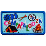 The word Campapalooza is laid out in a zig-zag pattern surrounded by different camping symbols.