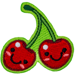 Two red cherries are attached together at the stems. Both cherries have dots for eyes and a big U-shaped smile.