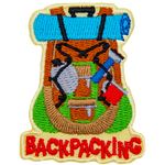 The back of a backpack is displayed bulging with items such as a bedroll, water canteen, flashlight, and cup.