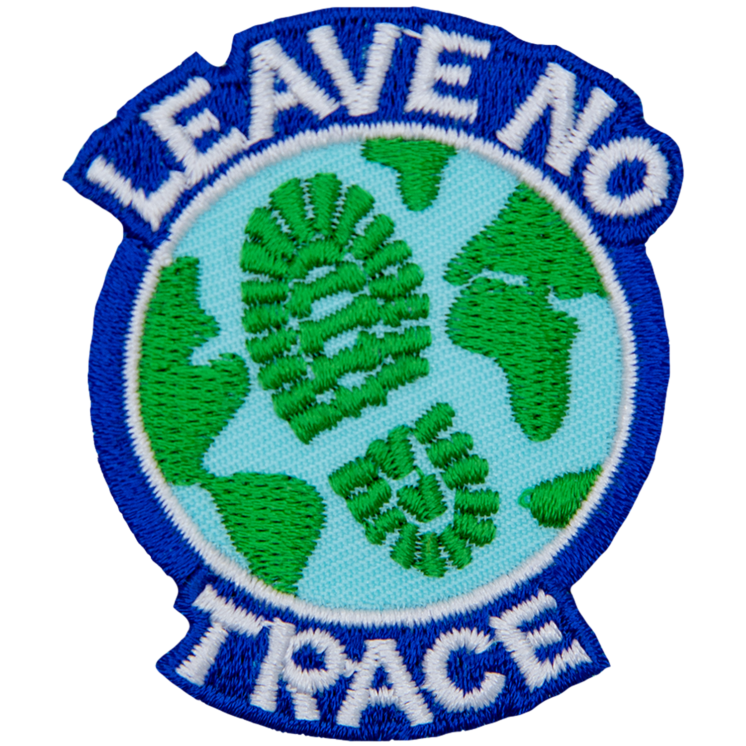 Earth with a boot print across the ocean. The words Leave No Trace are written around the outside.