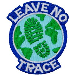 Earth with a boot print across the ocean. The words Leave No Trace are written around the outside.