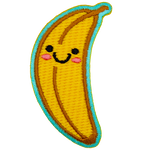 A banana stands upright. Two black dots make its eyes; a big U forms a smile, and pink blush colours the banana's cheeks.