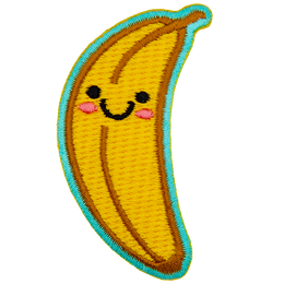 A banana stands upright. Two black dots make its eyes; a big U forms a smile, and pink blush colours the banana's cheeks.
