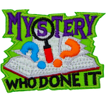 A book flutters open with two question marks and a magnifying glass popping out. The word Mystery Who Done It frame the book.