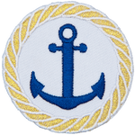 A two-pronged blue anchor surrounded by a twisted gold rope.