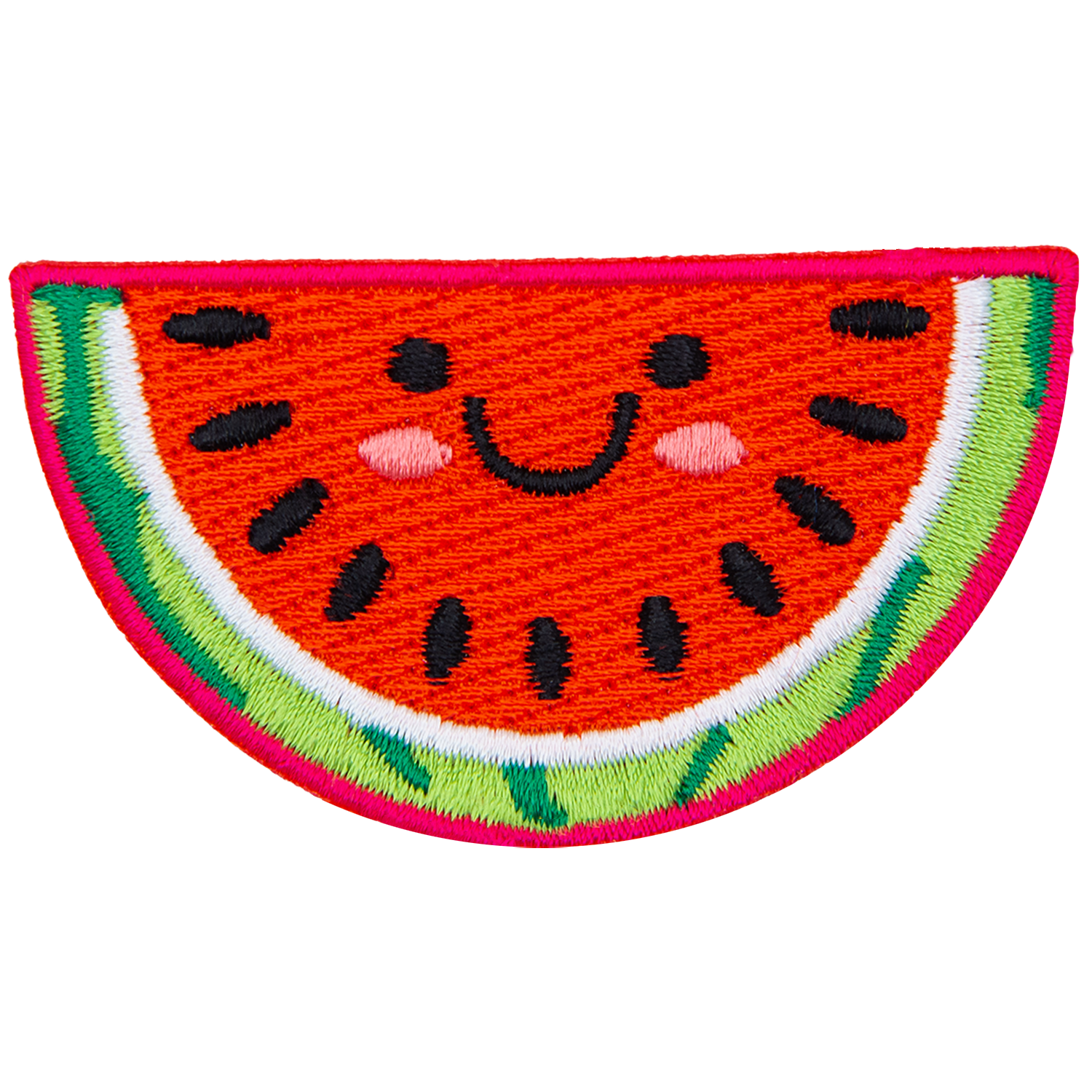 A cute watermelon slice has dots for the eyes and a big U-shaped smile.