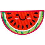 A cute watermelon slice has dots for the eyes and a big U-shaped smile.