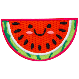 A cute watermelon slice has dots for the eyes and a big U-shaped smile.