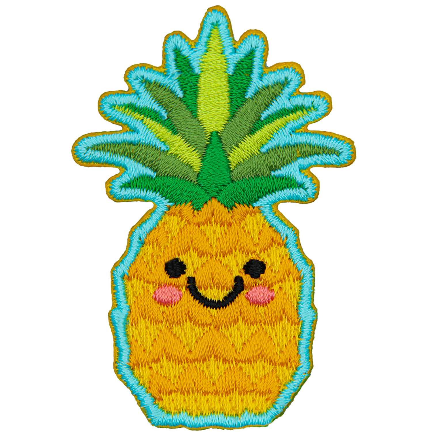 A cute pineapple has dots for the eyes and a big U-shaped smile.