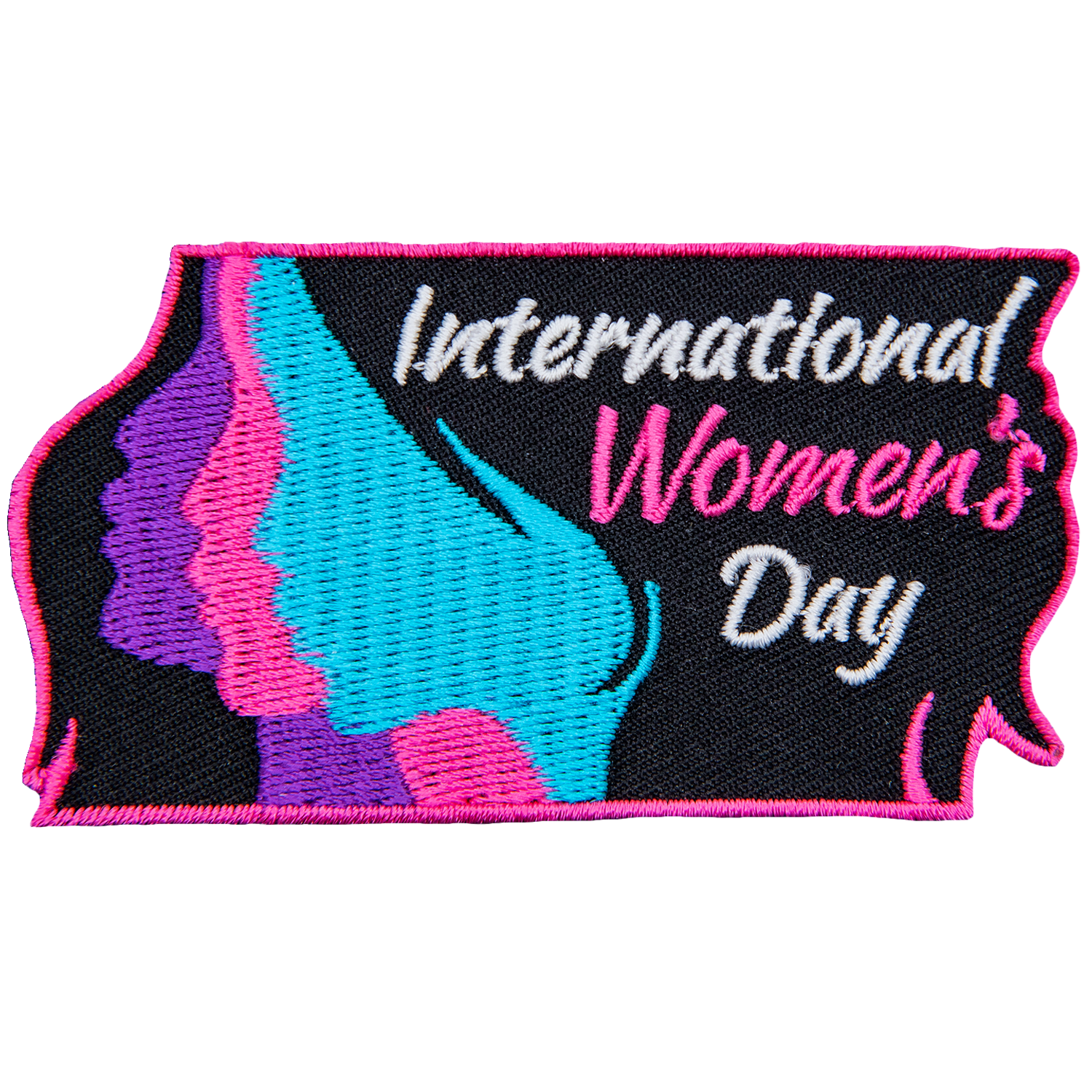This rectangular patch shows the side profile of three women in a row. In their hair rests the words International Women's Day.