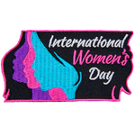 This rectangular patch shows the side profile of three women in a row. In their hair rests the words International Women's Day.