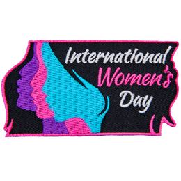 This rectangular patch shows the side profile of three women in a row. In their hair rests the words International Women's Day.