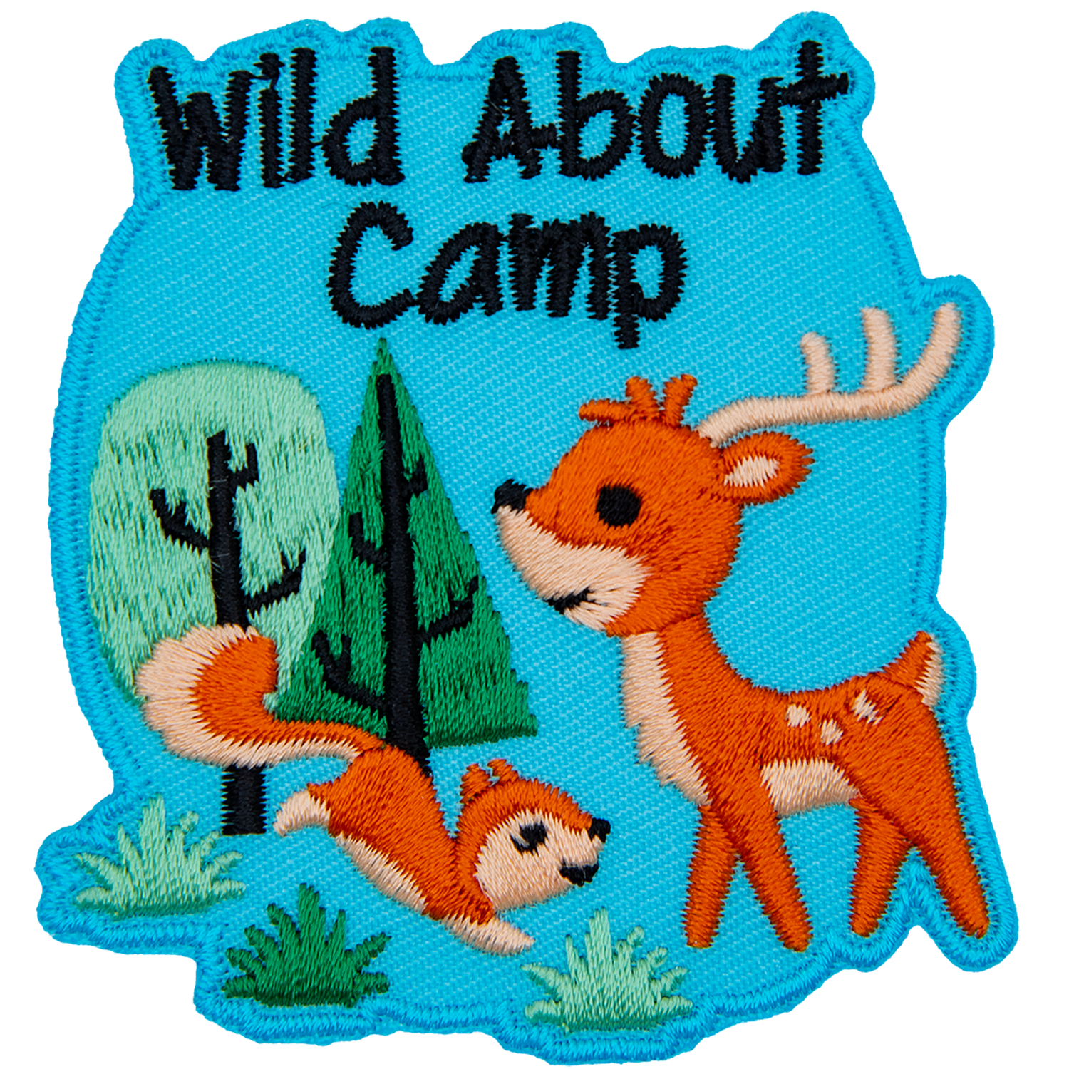 A deer and a squirrel with two trees in the background. The crest reads Wild About Camp.
