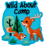 A deer and a squirrel with two trees in the background. The crest reads Wild About Camp.