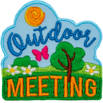 A summer day with a bush, a tree, and a butterfly below. The text Outdoor Meeting frames the top and bottom.