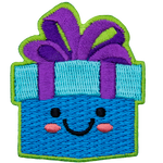 A blue gift box with a big purple bow has dots for eyes and a big U-shaped smile.