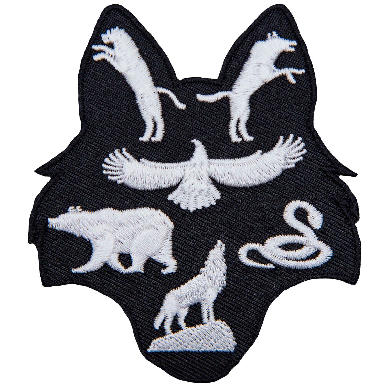 This patch is shaped like a wolf head. A panther and wolf are in the ears, a kite bird, bear, and snake rest in the middle, and a wolf on a rock sits in the snout.