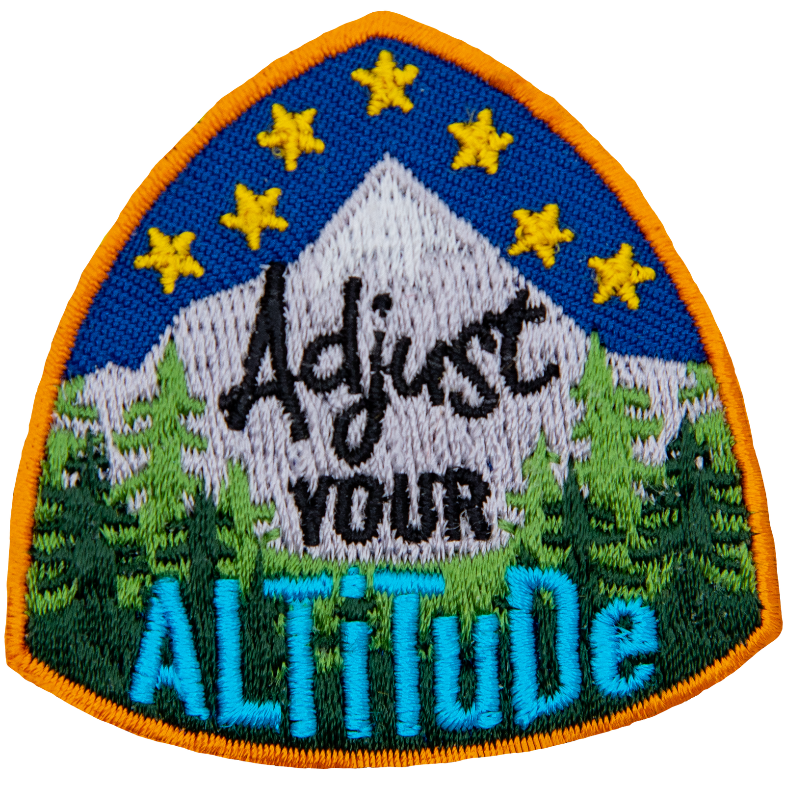 Stars sit above a mountain peak and forest. The text Adjust Your Altitude is in the center of the crest.