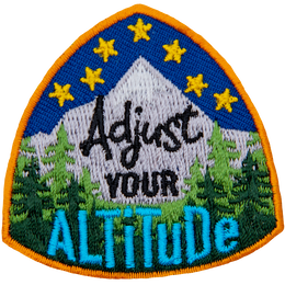 Stars sit above a mountain peak and forest. The text Adjust Your Altitude is in the center of the crest.