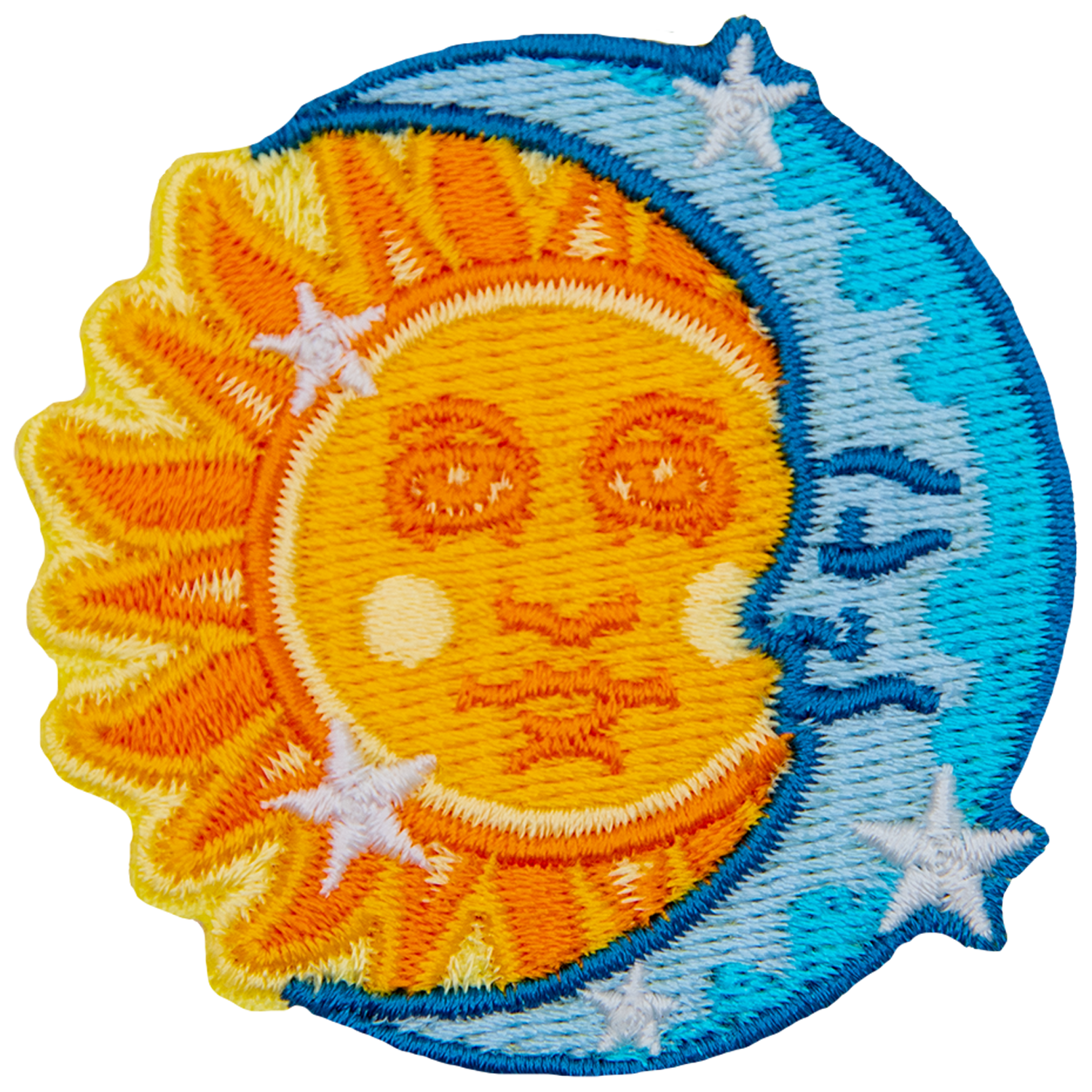 The sun peeks out from behind a crescent moon.
