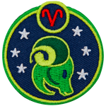 This circular crest has the side profile of a ram surrounded by stars. The sign of Aries sits above his head.