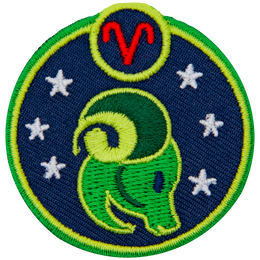 This circular crest has the side profile of a ram surrounded by stars. The sign of Aries sits above his head.