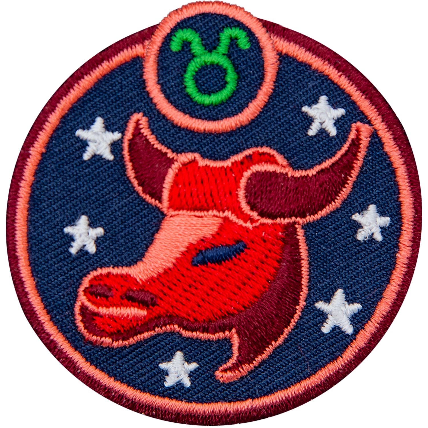 This circular crest has the side profile of a bull surrounded by stars. The sign of Taurus sits above his head.