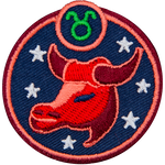 This circular crest has the side profile of a bull surrounded by stars. The sign of Taurus sits above his head.