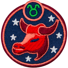 This circular crest has the side profile of a bull surrounded by stars. The sign of Taurus sits above his head.