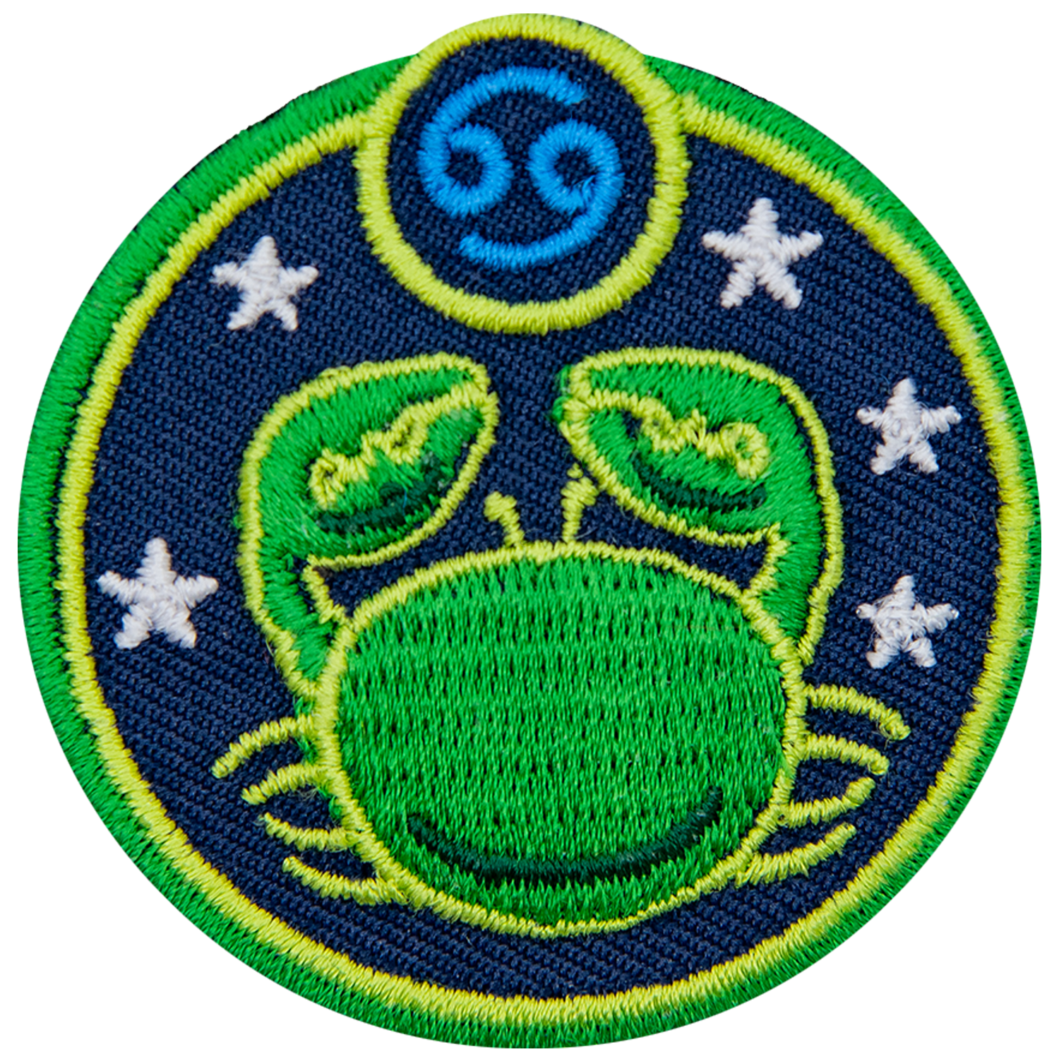 This circular crest has an image of a crab surrounded by stars. The sign of Cancer sits above his head.