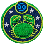 This circular crest has an image of a crab surrounded by stars. The sign of Cancer sits above his head.