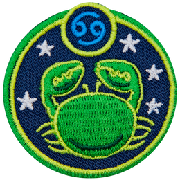 This circular crest has an image of a crab surrounded by stars. The sign of Cancer sits above his head.