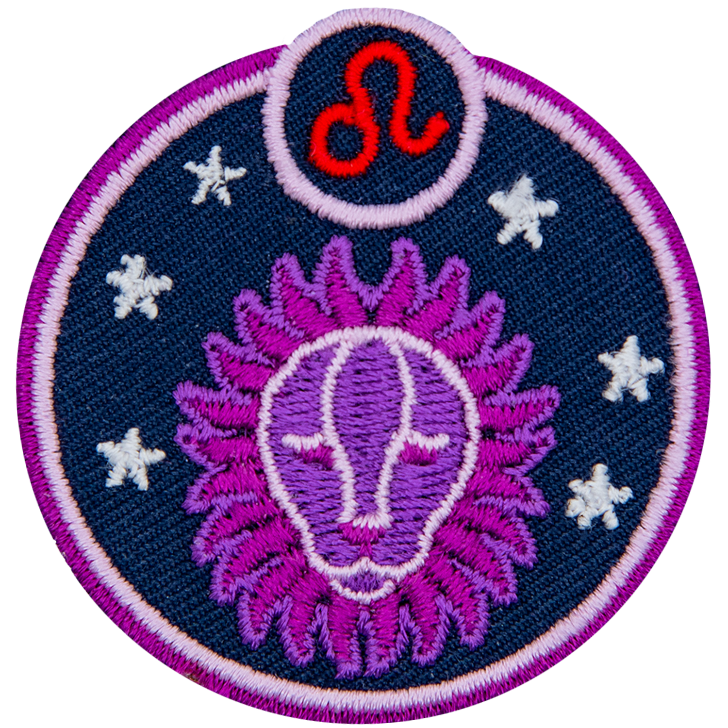 This circular crest has an image of a lion surrounded by stars. The sign of Leo sits above his head.