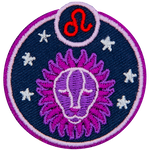 This circular crest has an image of a lion surrounded by stars. The sign of Leo sits above his head.