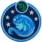 This circular crest has the side profile of a woman, with long flowing hair surrounded by stars. The sign of Virgo sits above her head.