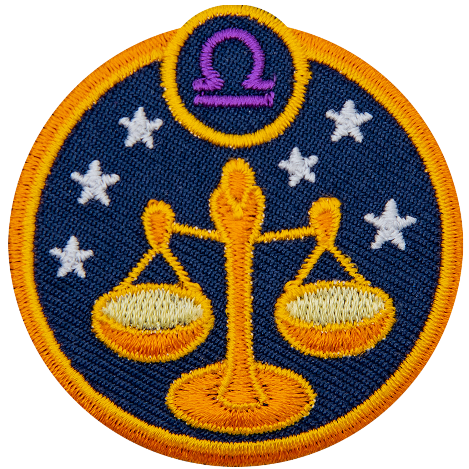 This circular crest displays the scales of justice surrounded by stars. The sign of Libra sits above it.
