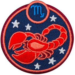 This circular crest displays a red scorpion surrounded by stars. The sign of Scorpio sits above it.