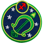 This circular crest displays a green bow and arrow surrounded by stars. The sign of Sagittarius sits above it.
