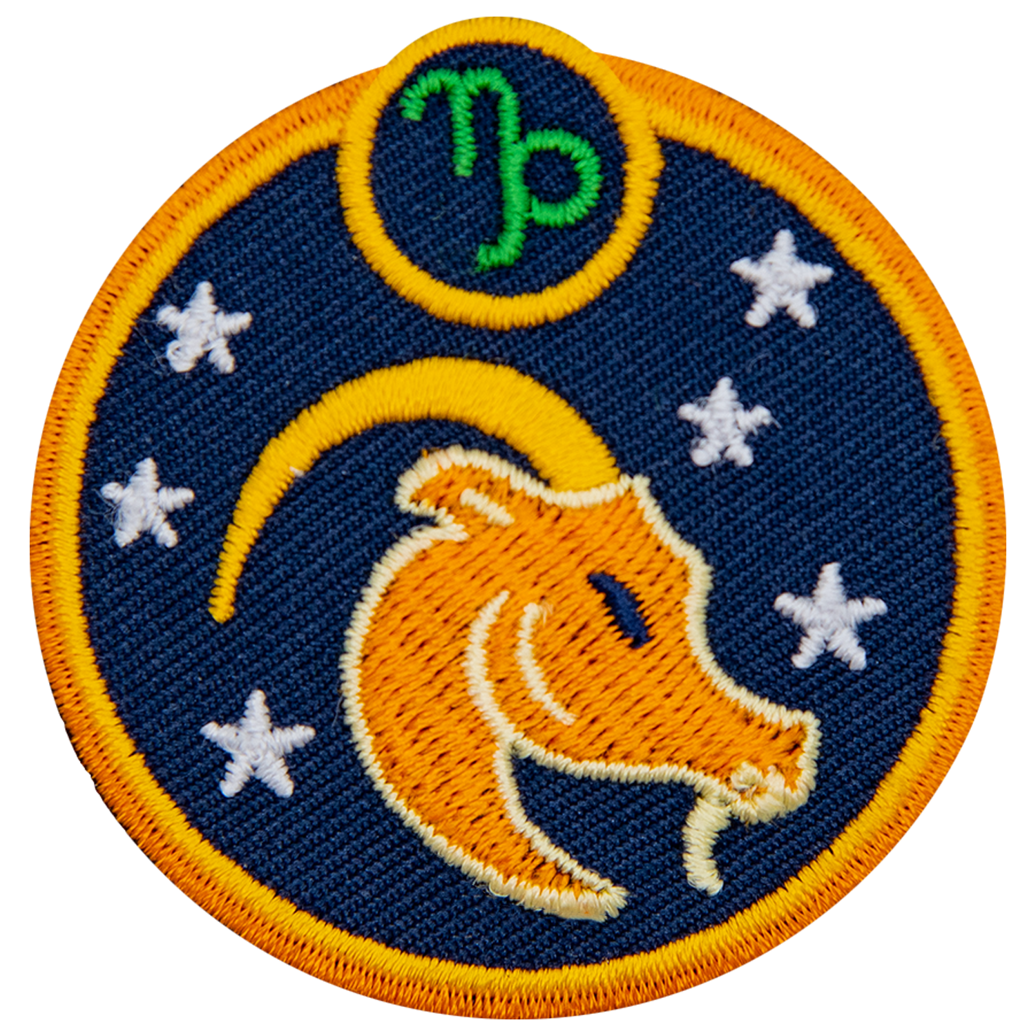 This circular crest has the side profile of a goat surrounded by stars. The sign of Capricorn sits above his head.