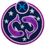This circular crest has two fish circling each other and surrounded by stars. The sign of Pisces sits above his head.