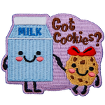 A small milk carton and a chocolate chip cookie stand hand in hand. The text Got Cookies? sits in the top right of the crest.