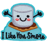 A marshmallow sitting on a chocolate gram cracker reaches out for a hug. Underneath it is the text I Like You S'more.
