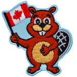 A cartoon beaver stands with one hand on its chest and the other waving a Canada Flag.