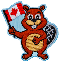 A cartoon beaver stands with one hand on its chest and the other waving a Canada Flag.