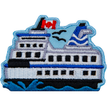 This crest displays the side profile of a multi-level ferry as it powers through the water. The ferry flies a Canadian Flag.
