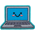 A cute laptop smiles in a big U shape. Two black dots make its eyes, and pink blush colours the laptop's cheeks.